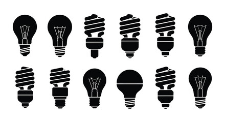 Collection of various light bulb shapes in a black and white illustration