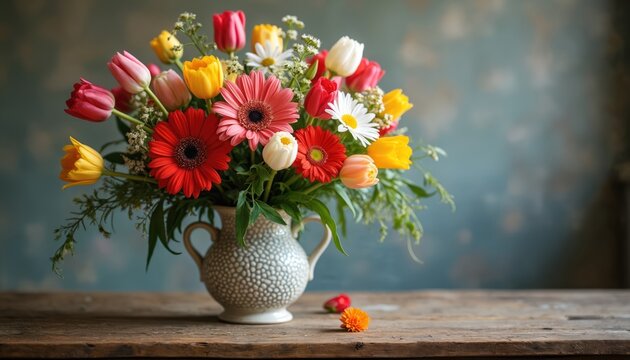 Colorful mixed flowers arranged in ceramic vase on rustic wood table. Gerbera daisies and tulips create vibrant natural beauty perfect for decor and gifts.