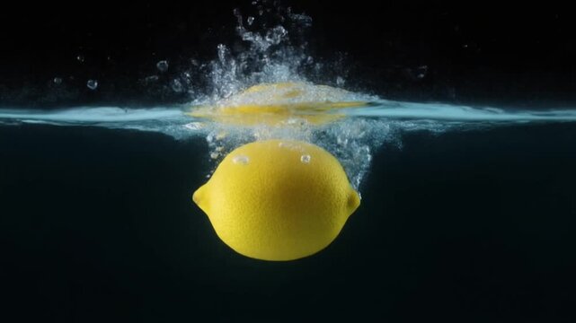 Lemon Splash Fresh Yellow Lemon Dropping into Water, Refreshing
