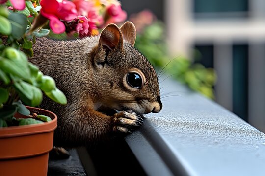 Curious eastern gray squirrel eating on balcony railing next to potted flowers, urban wildlife close-up with blurred background.