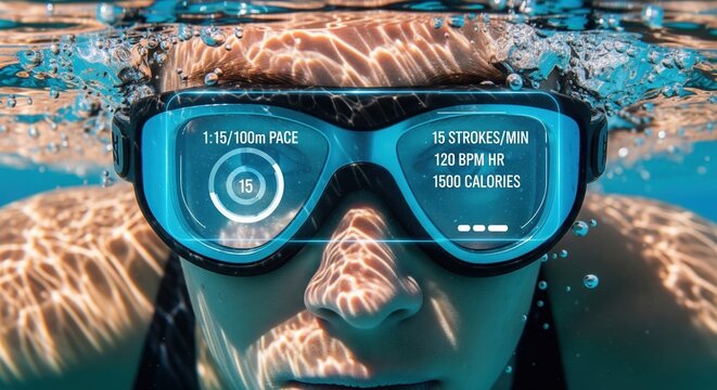 Person Underwater with Goggles Displaying Fitness Metrics and Water Reflection Effects