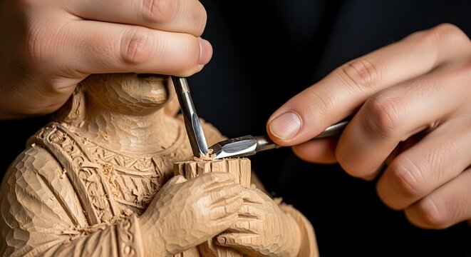 Detailed wood carving, the hands and tools create intricate art form
