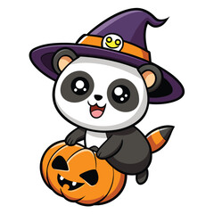cute halloween witch panda with pumpkin cartoon illustration