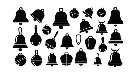 A collection of various black silhouette bells and cooking pots
