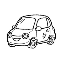 Hand-Drawn Outline Cartoon Electric Car with Smiling Face and Lightning Symbol