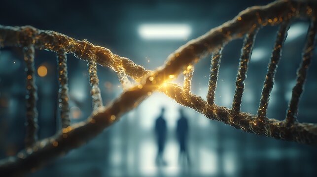 Glowing DNA strand with silhouettes of medical professionals in blurred hospital corridor background, representing genetic research and healthcare innovation.