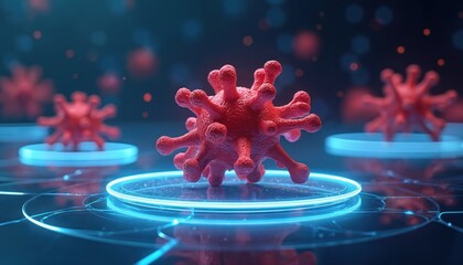 Illustration of red virus-like structure on glowing platforms. Futuristic design bio tech concept. Scientific visuals present medical biological research concept. Digital render for healthcare
