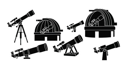 Black silhouette icons depicting various telescopes and observatory structures