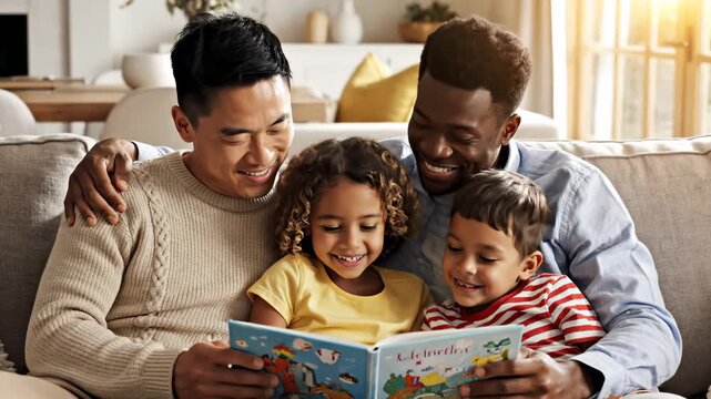 Two Dads Reading Storybook to Two Children on Couch