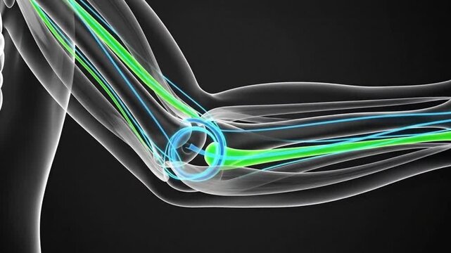 3D Animation of Human Elbow Joint Rotation with Nerves and Bones Highlighted in Transparent Arm - Medical Anatomy and Physiology Concept