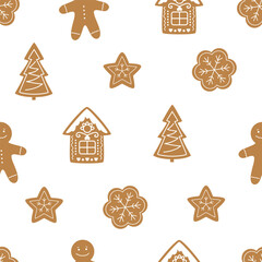 Gingerbread cookies and snowflakes seamless pattern, ideal for holiday cards, wrapping paper.