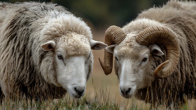 Two Herdwick sheep with thick wool coats and distinctive curled horns facing each other in a rural field, showcasing traditional livestock farming.