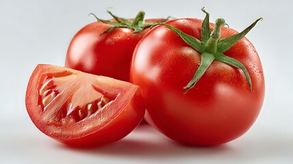 Fresh ripe red tomatoes with green stems and a sliced wedge showing juicy interior on white background for food photography and culinary design.