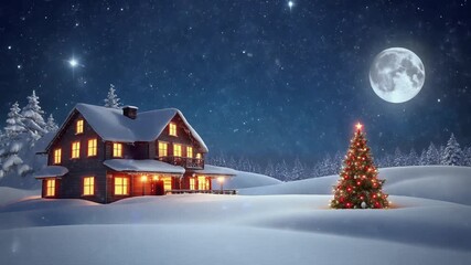 Christmas Night Scene Cozy Home, Christmas Tree, and Moonlit Winter Landscape