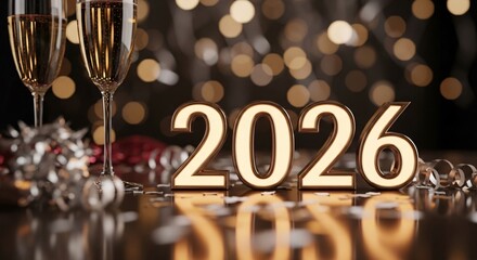 2026 New Year Celebration Glowing Numbers Champagne Glasses Bokeh Background
