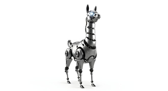 A metallic steampunk giraffe sculpture isolated on white background