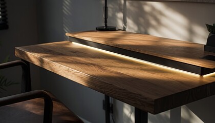 Close up of a wooden desk with integrated LED lighting and sunlight casting shadows on the surface in a modern workspace