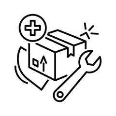 Line icon representing package assembly, repair service, or product setup with a box, wrench, and plus sign isolated on