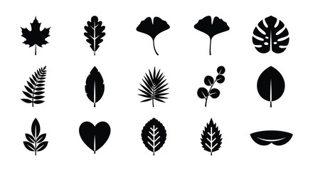 Collection of various simple black and white leaf illustrations in a grid pattern