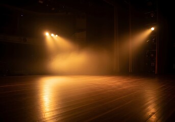 Empty illuminated stage bathed in theatrical light with wooden floor