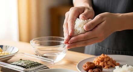Expert hands shaping delicious Japanese onigiri for traditional cooking