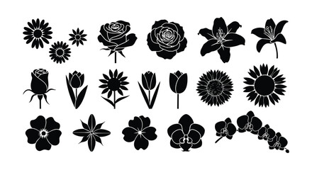 A collection of various black silhouette floral designs and blossom shapes