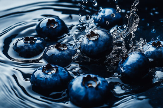 Close-up of ripe blueberries splashing in water with dynamic droplets — high-speed macro photography highlighting freshness and texture on dark background.