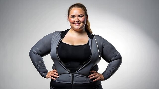 Confident plus-size woman in sportswear smiling at the camera. Portrait of a happy and healthy curvy model in a studio. Body positivity and self-acceptance concept