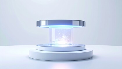 Ultra-modern tech piece generating floating holographic elements above its form, subtle mystical shimmer blending with clean minimal design