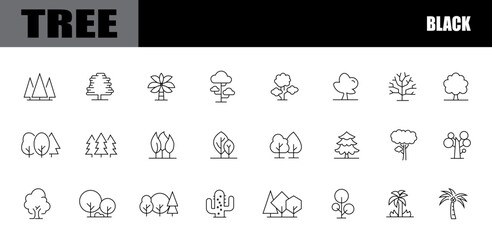 Minimalist black tree icons. line art. various tree shapes.