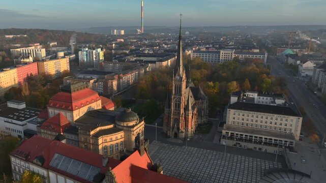 Chemnitz Townhall and Market Square. Chemnitz Rathaus in Saxony, Eastern Germany. Aerial Sunrise Time Soft Light.