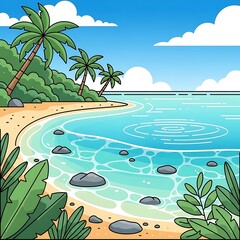 Cartoon beach scene featuring palm trees, sand, and blue water illustration