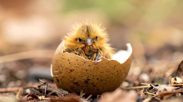 Adorable newborn chick hatching from its eggshell in natural environment.