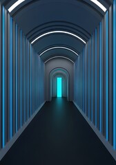 Futuristic tunnel with glowing doorway inviting exploration into the future