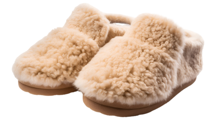 Beige, fluffy texture. Soft house slippers on transparent background. Useful for lifestyle, home decor, product photography.