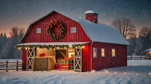 red barn in snow