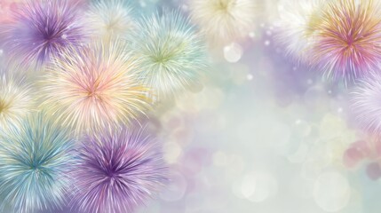 Colorful fireworks explosions with a soft bokeh background creating a festive atmosphere for celebrations, parties, or special events in pastel hues
