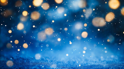 Obraz premium Dreamy Winter Holiday Background with Snowflakes and Golden Bokeh Lights on Soft Blue Backdrop