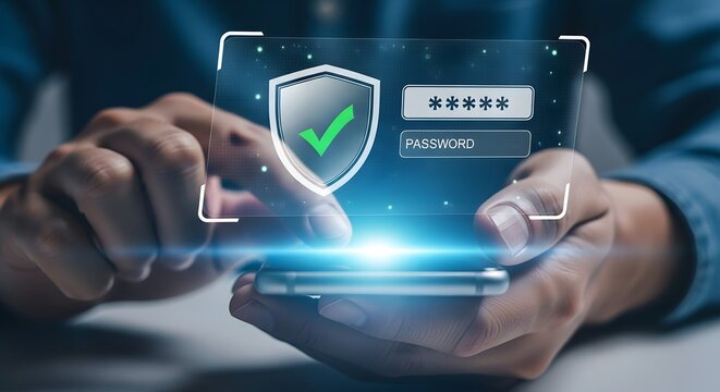 Man using smartphone with security shield and verification code overlay