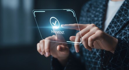Woman interacting with transparent digital display showing a checkmark symbol