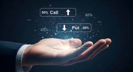 Hand holding call and put options with digital interface overlay