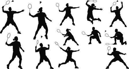 Badminton players action poses, silhouette sports illustration, shuttlecock hits, racket swings, athletic motion, competitive game, training exercise, outdoor activity, flat vector