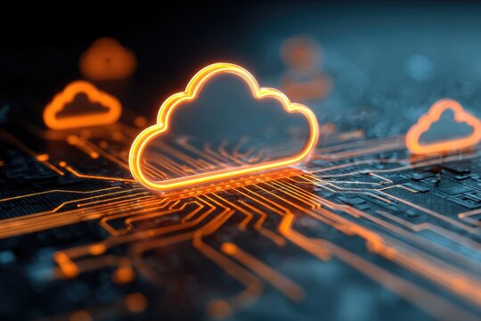 Neon orange cloud icons atop circuit board, representing digital storage