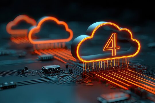 Futuristic image of neon-outlined clouds, representing data transfer across a circuit board - Powered by Adobe