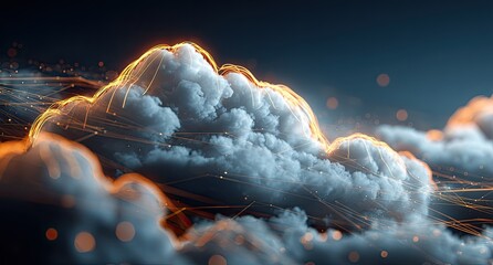 Digitally enhanced fluffy clouds with golden lines against a dark blue gradient background