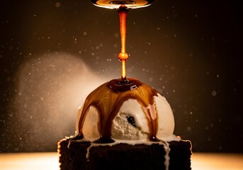 Indulgent Dessert Delight: Caramel Drizzled Over Ice Cream on a Rich Brownie Treat