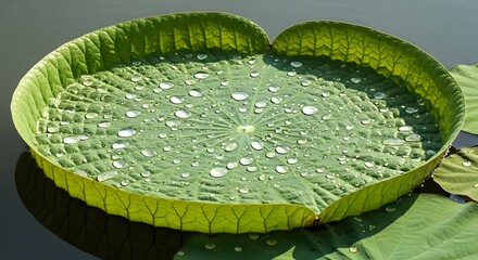 Giant Victoria Amazonica water lily pad with sparkling rain drops
