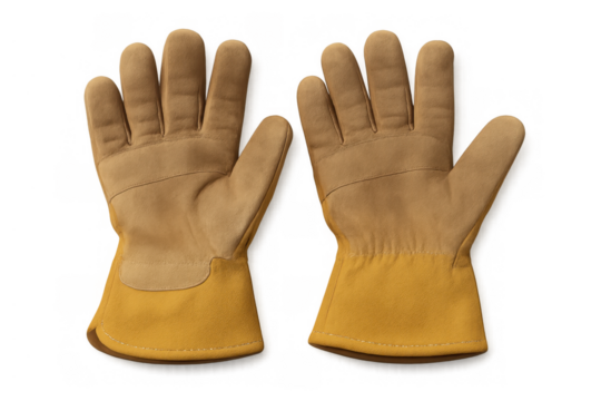 Pair of leather work gloves providing hand protection for construction, carpentry, and diy projects, transparent background