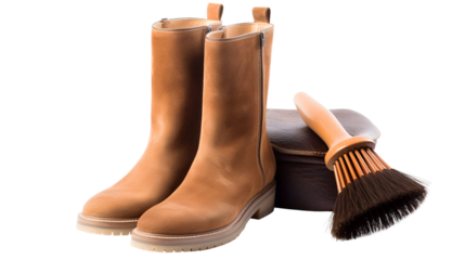 Tan suede boots shine with care tools. Sharp lighting highlights texture for product staging, advertising, or branding mockups.