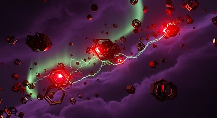 Cosmic geometry fusion, energy flows through geometric forms with nebula backdrop